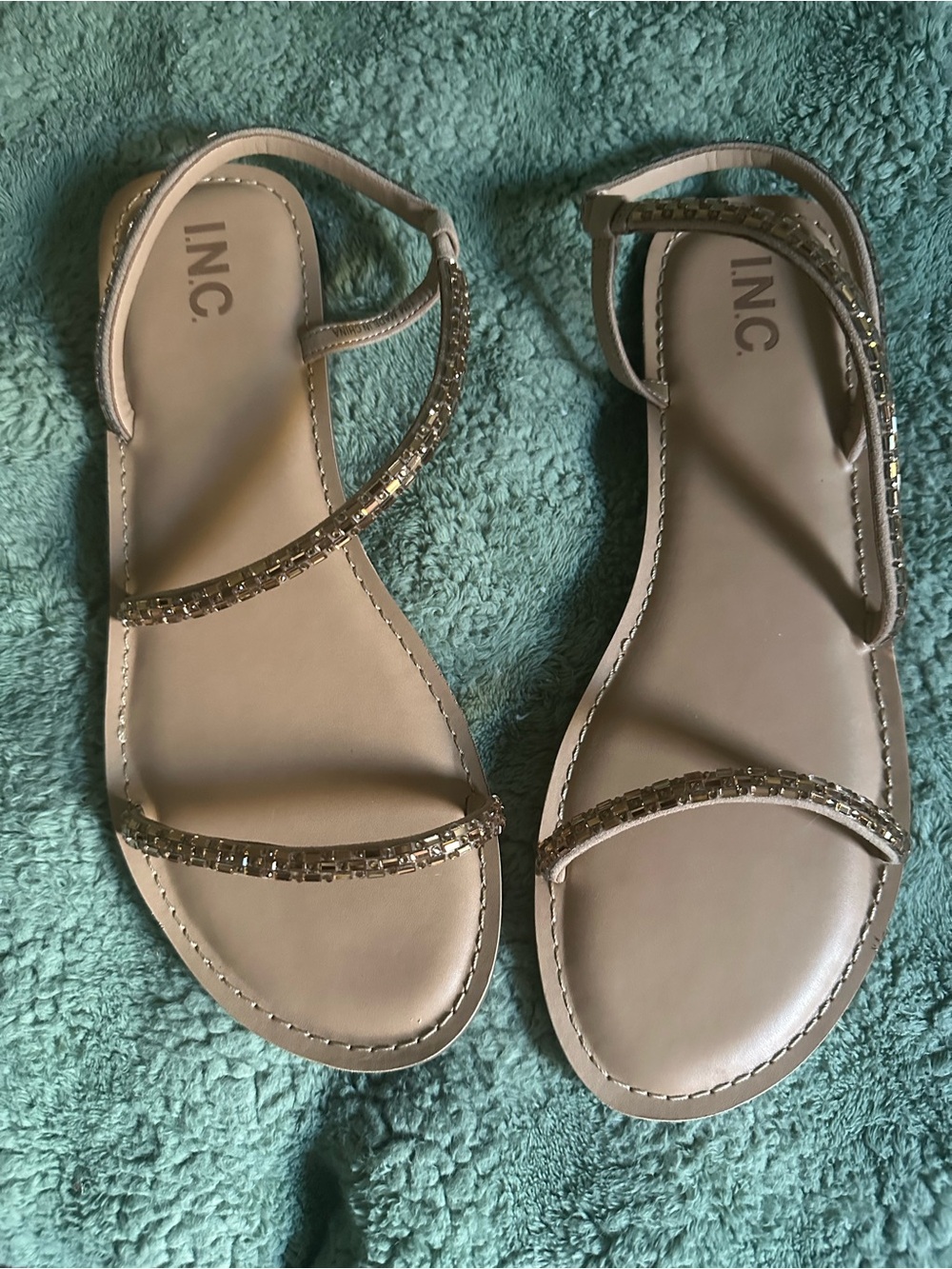 INC International Concepts Nude Gold Beaded Strappy Flat Sandals